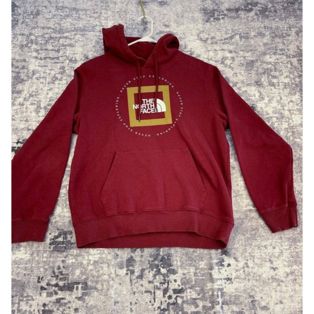 The North Face Hoodie Mens Medium Red Yellow‎ Box Logo Never Stop Exploring